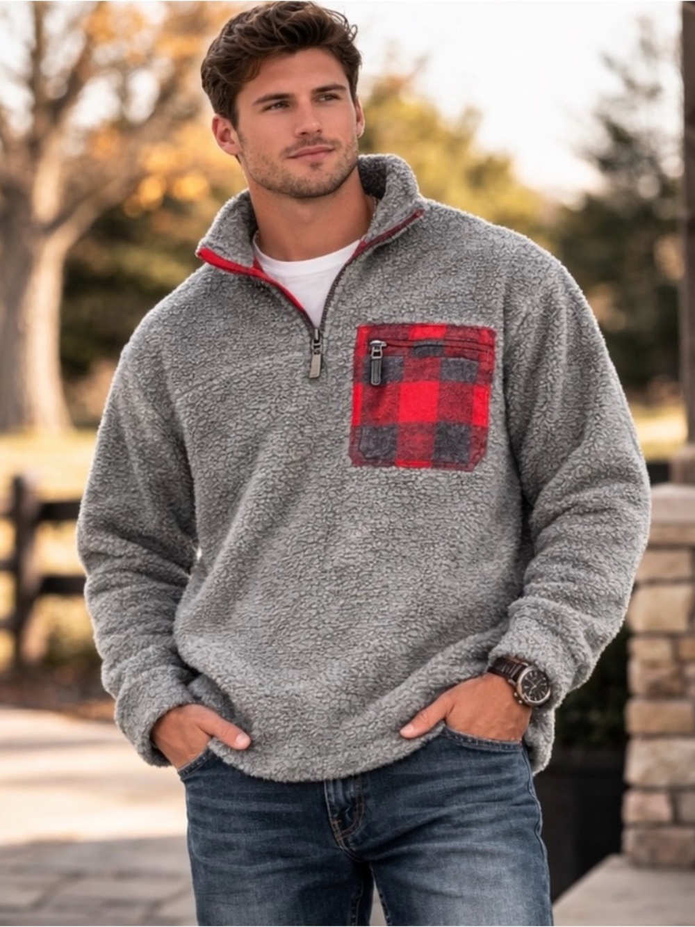 Natural Reflections Sherpa Pullover Gray Buffalo Plaid Pocket XL